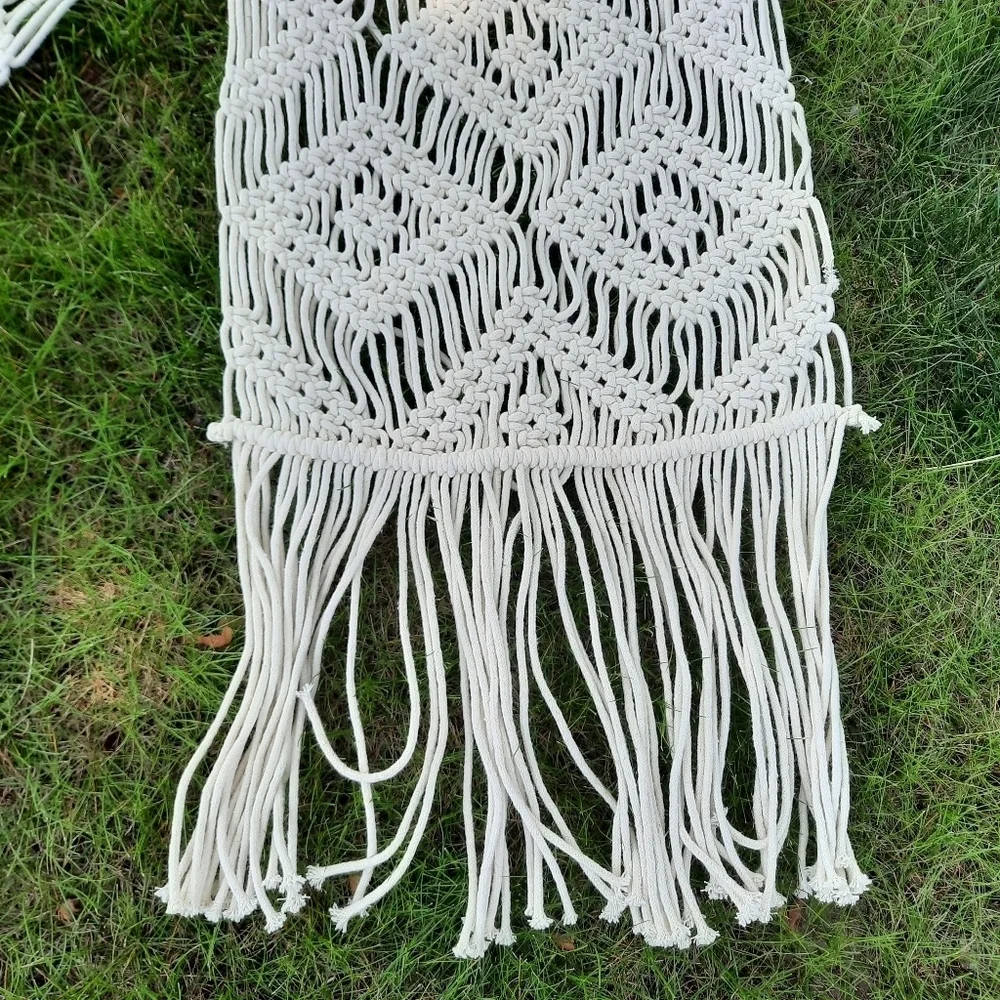 Boho Cream Macrame Woven Table Runner With Long Fringe Ends